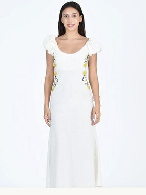 Fanm Mon Vienna Dress- White Puff-Sleeve Maxi Dress with Lemon Embroidery